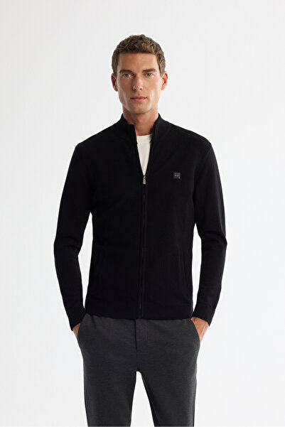 Avva Men's Black Stand Collar Zippered Front Textured Soft Touch Knitwear Regular Fit Cardigan A42Y5143