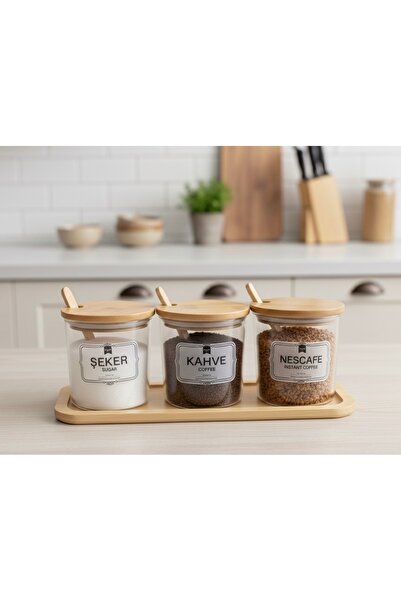 Buğra Home 3-Piece Glass Body/Wooden Lid/Spice Jar with Spoon/Stand