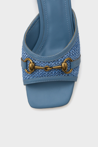 Capone Outfitters Papuci de damă cu cataramă aurie din paie, albastru denim, cu toc gros