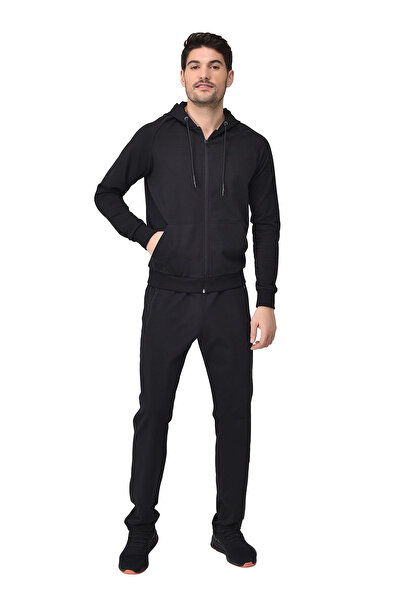bilcee Men's Black Hooded Kangaroo Pocket Zippered Sports Top and Bottom Tracksuit Set 8241