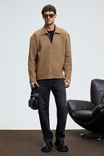 GRIMELANGE Crimson Men's Waffle Special Textured Zippered Mink Jacket with Decorative Label