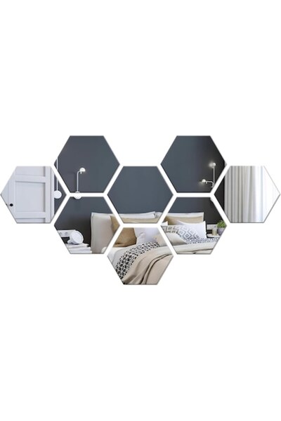 eZmart Set 12 oglinzi acrilice autoadezive, model hexagonal, Latura 9,3 cm, argintii,