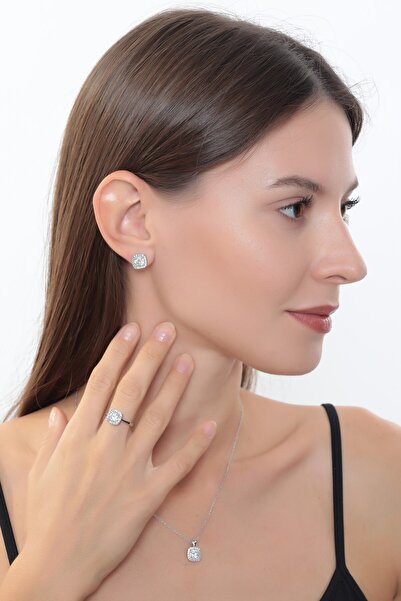 Bijuty طقم من 3 قطع من الأقراط والخواتم والقلادات مربعة الشكل للنساء - لون فض...