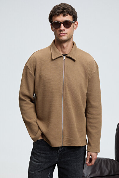 GRIMELANGE Crimson Men's Waffle Special Textured Zippered Mink Jacket with Decorative Label