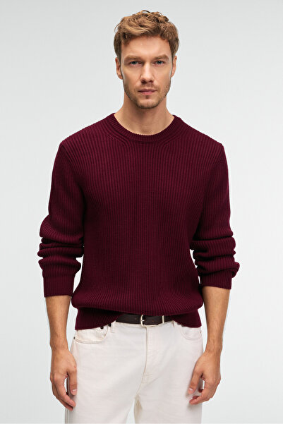 GRIMELANGE Cablin Men's Round Neck Regular Fit Knitwear Claret Red Sweater