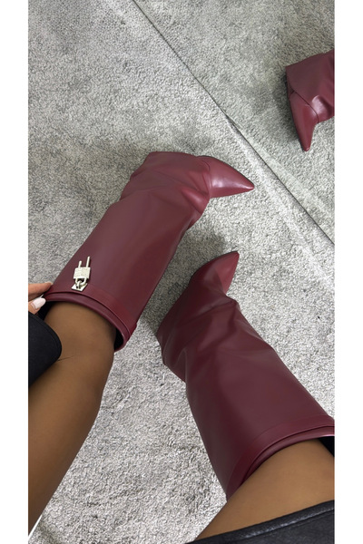 MYVOLANTE Burgundy Leggings Detailed Wedge Heel Women's Boots