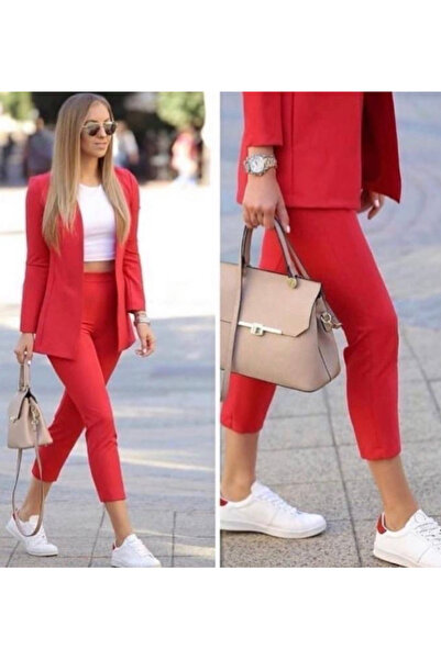 merysare Red Atlas Fabric JacKet and Trousers Set