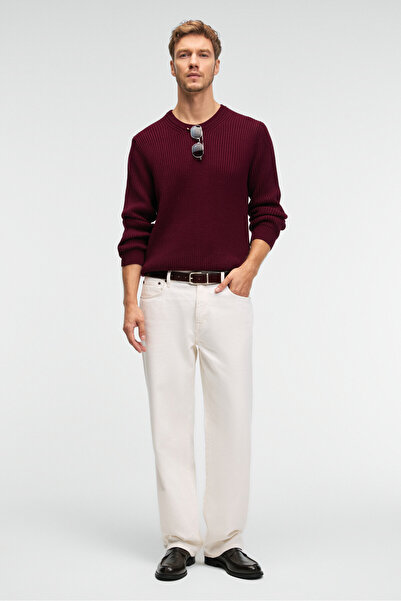 GRIMELANGE Cablin Men's Round Neck Regular Fit Knitwear Claret Red Sweater