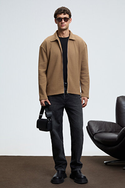 GRIMELANGE Crimson Men's Waffle Special Textured Zippered Mink Jacket with Decorative Label