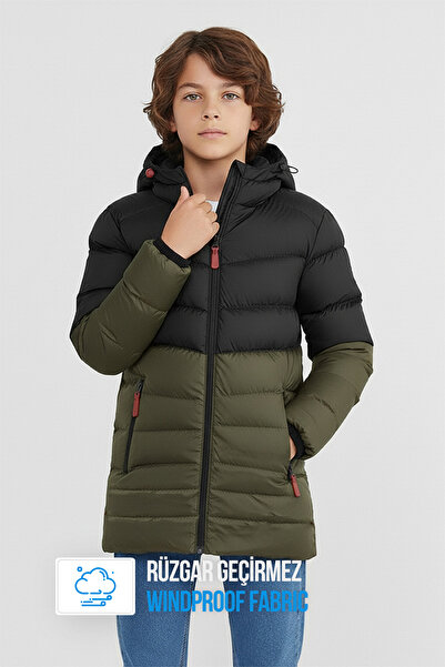 QAWWA Boy's Windproof Thick Fiber Filled Winter Khaki-Black Hooded Coat