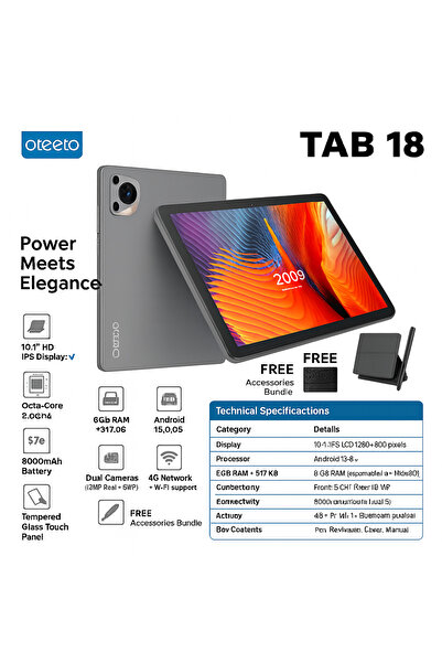 OTEETO TAB 18 (Grey) - 10.1-inch HD | 8GB RAM + 512GB ROM | Android 15