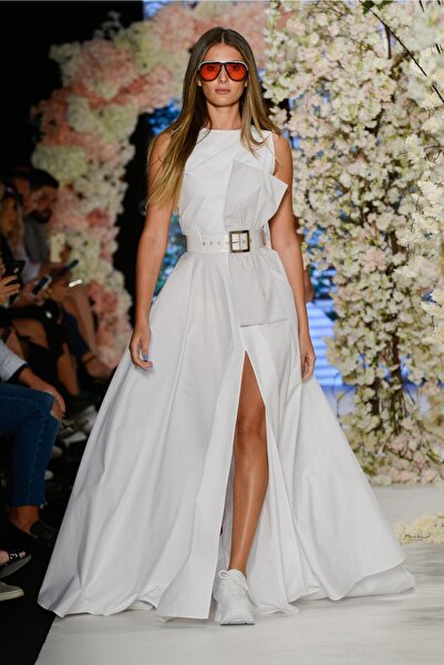 MERT ERKAN White Long Poplin Dress with Bow Detail