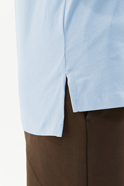 bilcee Tricou de bază cu mânecă scurtă, albastru, din bumbac, cu gâtul turn, 9242