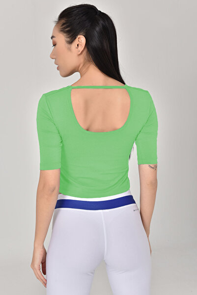 bilcee Γυναικείο πράσινο μπλουζάκι με λαιμόκοψη με μισό μανίκι βαμβακερό αθλητικό μπλουζάκι γιόγκα 8105