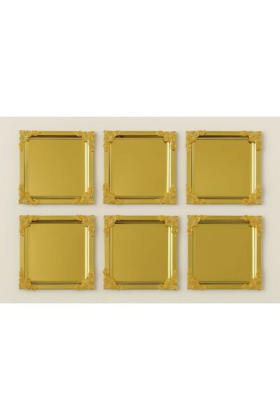 Fabrication 6'Lı Kare Köşe Çiçekli Tek Taraflı Gold Kaplama Sunum Tepsisi