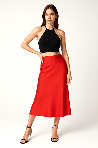 Kahra Collection Kırmızı 82cm Midi Boy Şık Saten Etek