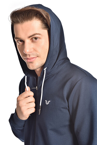 bilcee Men's Navy Blue Hooded Pocket Zippered Sports Bottom Top Tracksuit Set 8769