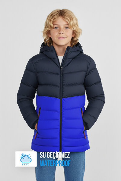 QAWWA Erkek Çocuk Rüzgar Geçirmez Kalın Elyaf Dolgulu Kışlık Lacivert-saks Ka...