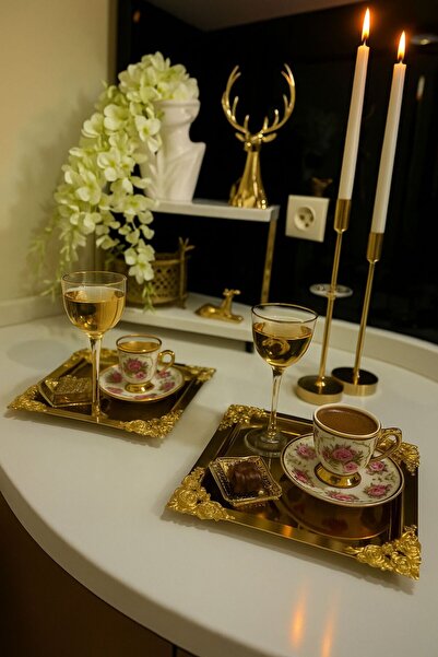 Fabrication 2'Li Kare Köşe Çiçekli Tek Taraflı Gold Kaplama Sunum Tepsisi