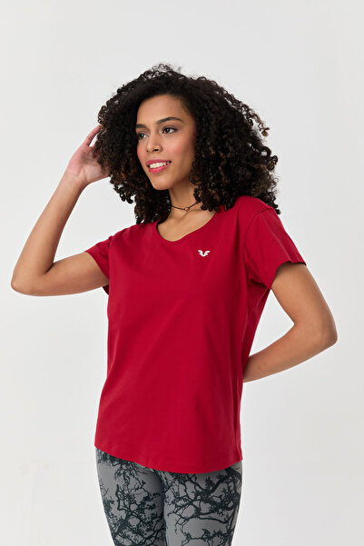 bilcee Women's Red Cotton Back Detailed Short Sleeve T-Shirt 9713