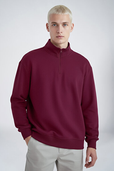 bilcee Peak Men's Burgundy Oversize Zippered Collar Sweatshirt 7021