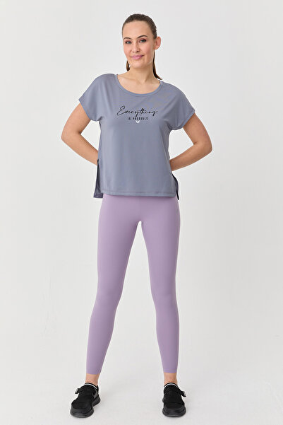 bilcee Γκρι γυναικείο μπλουζάκι με λαιμόκοψη - με μακρύ μπροστινό μέρος και μακρύ πίσω μέρος 9708