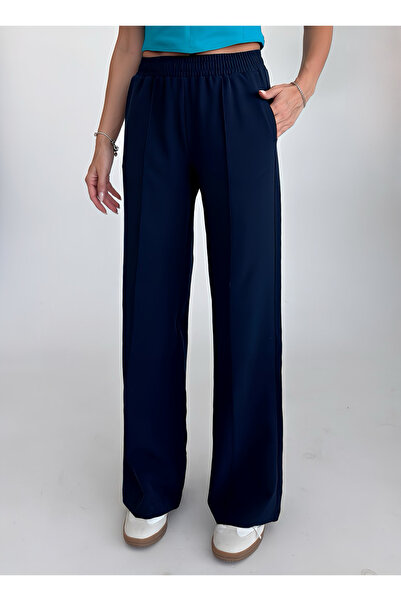 bilcee Women's Navy Blue High Waist Ribbed Loose Fabric Trousers 4591