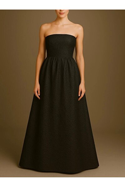 MERT ERKAN Siyah Bürümcük Dokulu Brokar Maxi Straplez Elbise