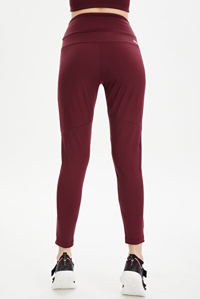 bilcee Women's Claret Red High Waist Lycra Pieced Pocket Plain Running Outdoor Sports Casual Tights Trousers 0674