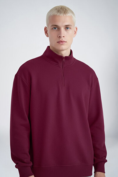 bilcee Peak Men's Burgundy Oversize Zippered Collar Sweatshirt 7021