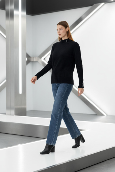 Brevia Black Button Detail Long Sleeve Women's Angora Knitwear Sweater