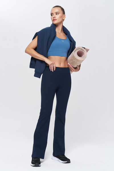 bilcee Women's Navy Blue High Waist Flare Cotton Trousers 9911