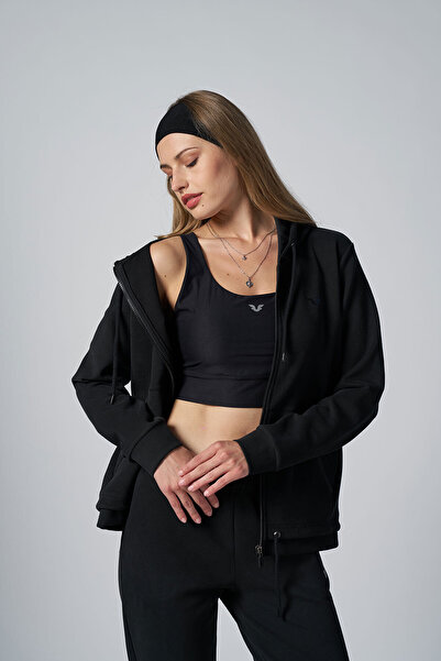 bilcee Γυναικείο μαύρο σετ αθλητικής φόρμας με μαλακή υφή με κουκούλα 4037