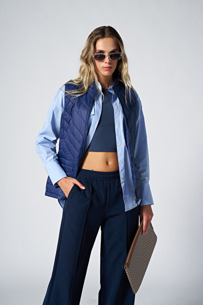 bilcee Women's Navy Blue High Waist Ribbed Loose Fabric Trousers 4591