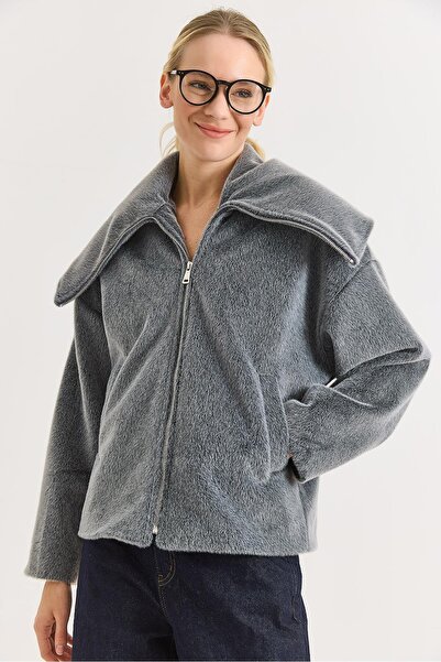 Raneel Kazançlı Alışveriş Women's Faux Fur Zippered Coat with Pockets Smoked
