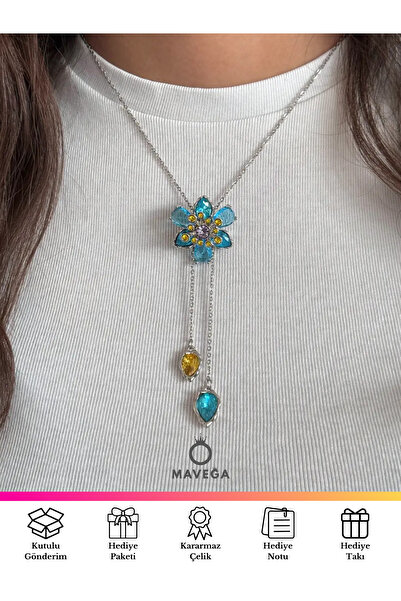 MAVEGA Çiçek Y Kolye | Kararmaz Çelik, Zirkon Taş, Gümüş Renk, 60 Cm