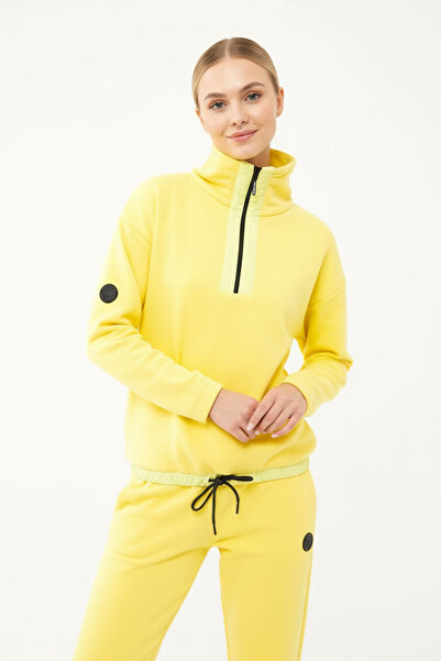 bilcee Powder Yellow Women's Sweatshirt Set - Straight Leg, Stand Collar, Half Zipper 1632