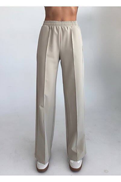 bilcee Women's Beige High Waist Ribbed Loose Fabric Trousers 4591