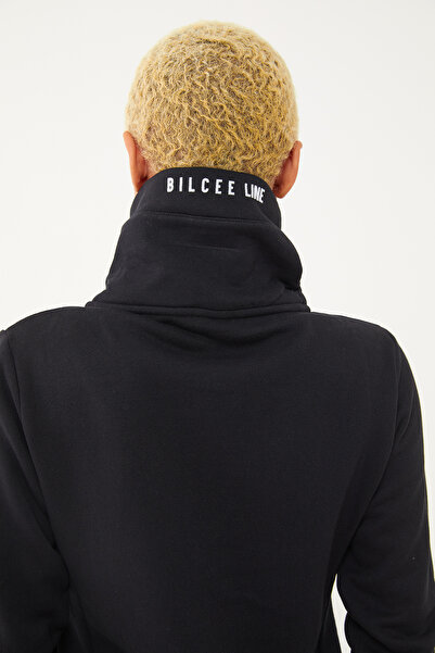 bilcee Top de sport pentru femei, negru, din bumbac organic, cu guler în picioare, cu păr în interior, 0729