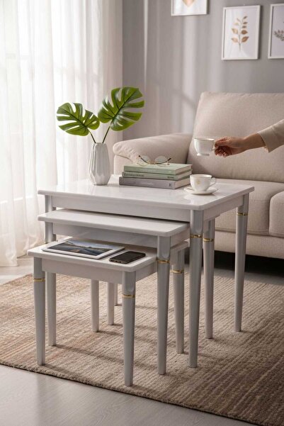 Akabesan Aksesuar Erce Serisi Dekoratif Beyaz Gümüş Ayaklı Tasarım Kayın Ağacından 1.sınıf Kalite 3'lü Zigon Sehpa