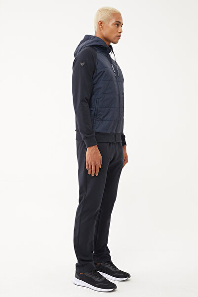 bilcee Ανδρικό σετ πλεκτό αθλητικό κοστούμι με κουκούλα από βαμβακερό και υφαντό σκούρο μπλε ναυτικό 1571