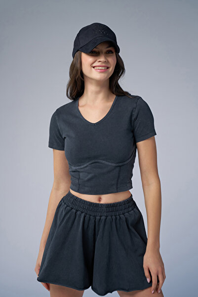 bilcee Women's Anthracite Washed Washed Crop Body 4576