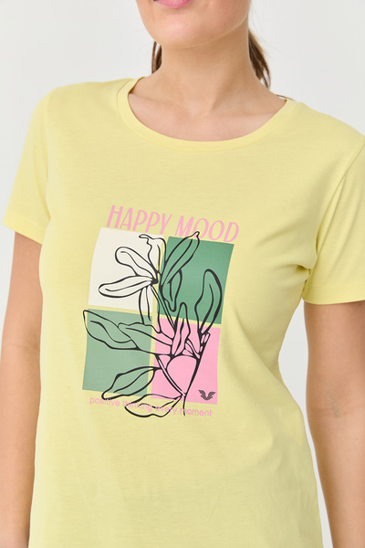 bilcee Women's Yellow Cotton Printed Crew Neck T-Shirt 9749