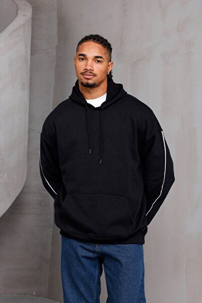 DARK MODA Φούτερ Unisex με ρίγες oversized με κουκούλα με κορδόνι και τσέπες καγκουρό