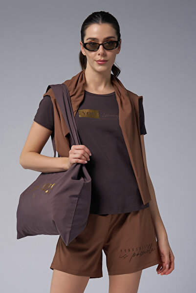 bilcee Γυναικείο καφέ μπλουζάκι με στάμπα και πέτρα μπροστά 4069