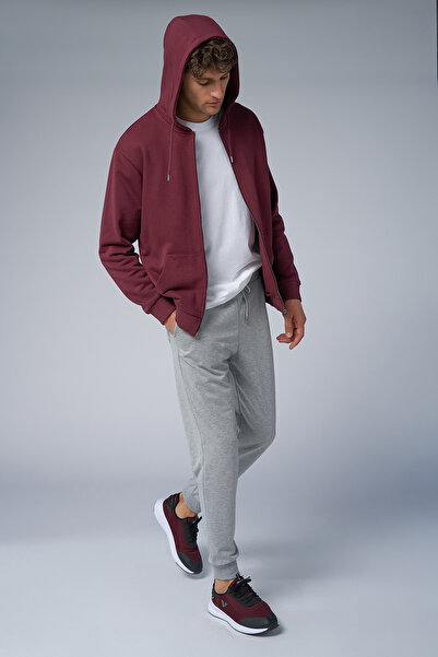 bilcee Peak Unisex Claret Red Oversize Zippered Hooded Sweatshirt 7016