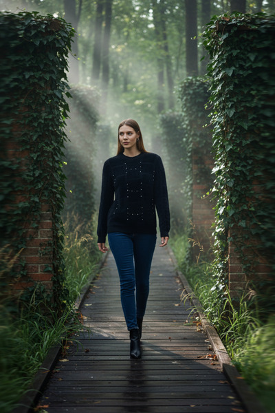 Brevia Black Stone Embroidered Detail Square Pattern Long Sleeve Women's Ango...