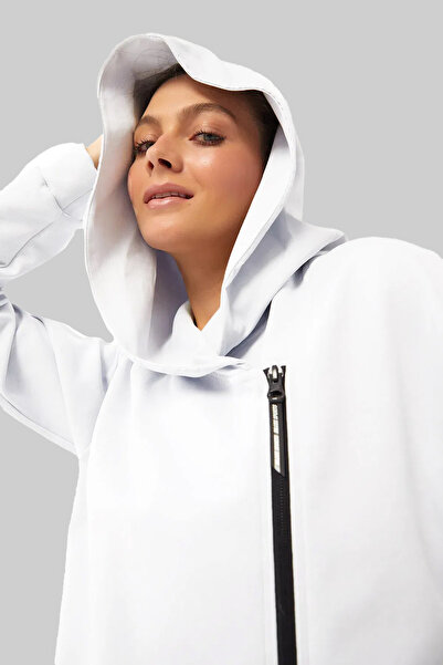 bilcee Women's Zippered Hooded Sleeve Pocket White Tracksuit Set 1523
