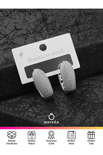 MAVEGA Kararmaz Çelik Zirkon Taşlı Yüksek Kalite Bombeli Dikdörtgen Kadın Küpe | Gümüş Renk, 2.7x1.2 Cm