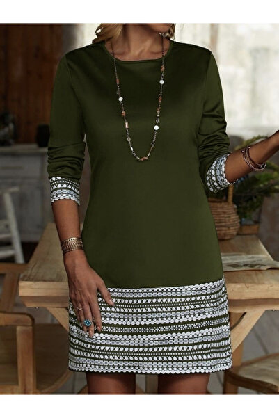 JANES Γυναικείο μακρυμάνικο φόρεμα με λαιμόκοψη και στρίφωμα με στάμπα με δύο κλωστές